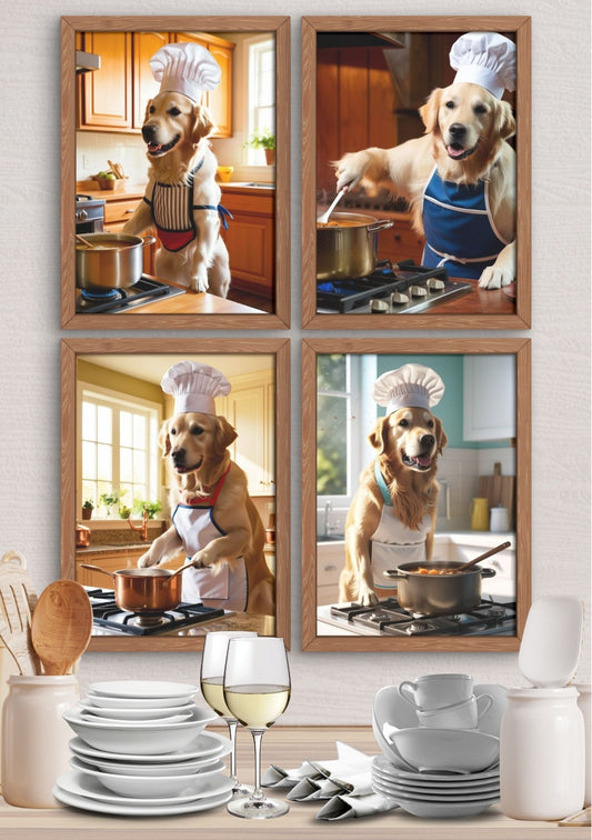Golden Retriever kokk med stripete forkle - søt hund som kokk i kjøkkenet fra KISS DEKOR