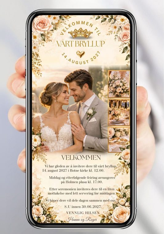 Bryllupsinvitasjon vist på en mobil holdt i hånden, med brudeparfoto, tre små detaljbilder, rosa og kremfargede roser, gullkrone og gyllen skrift. 