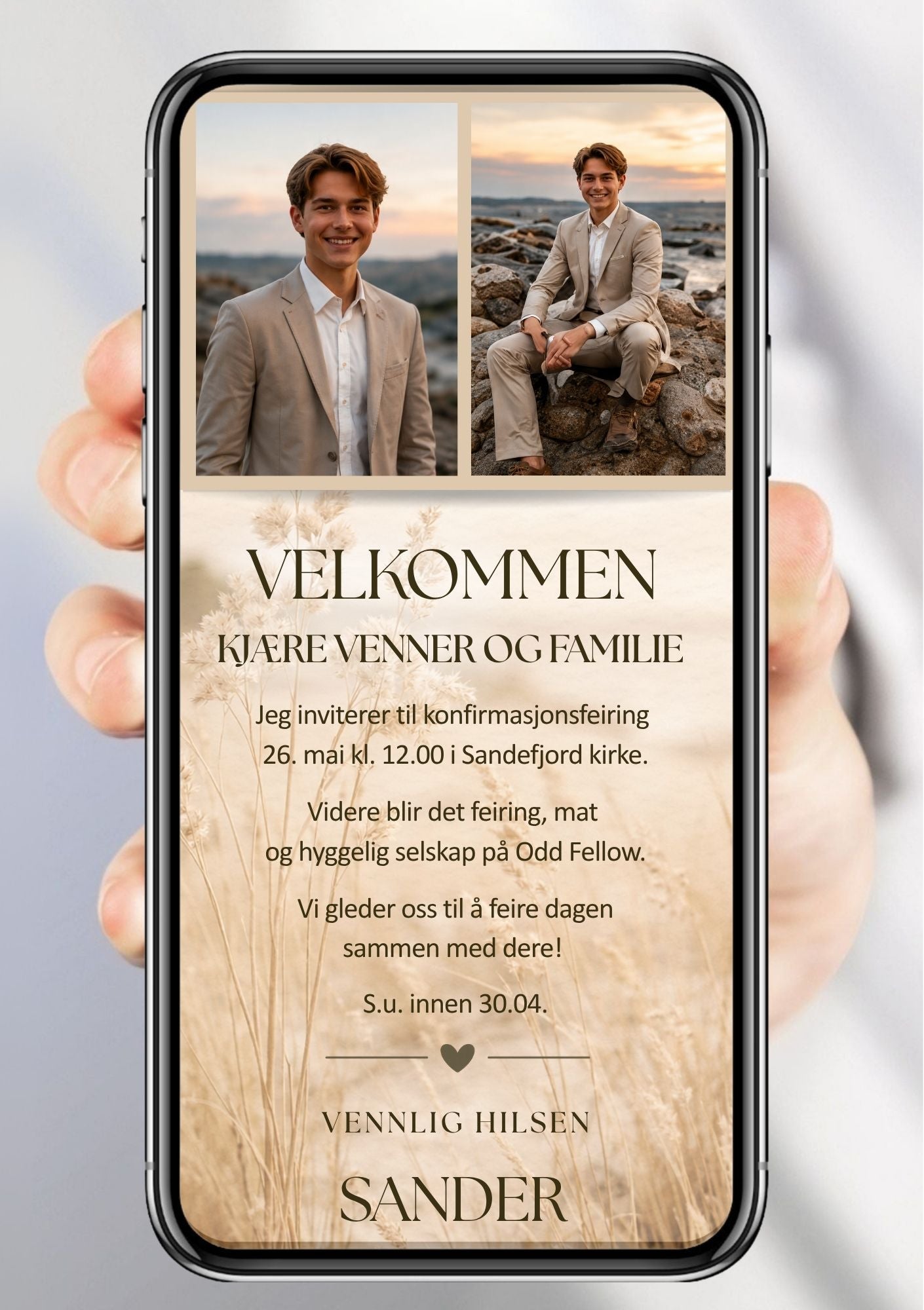 Digital invitasjon til konfirmasjon i beige med to bilder side om side, naturlig gresseng-bakgrunn og velkomsttekst, vist på mobilskjerm
