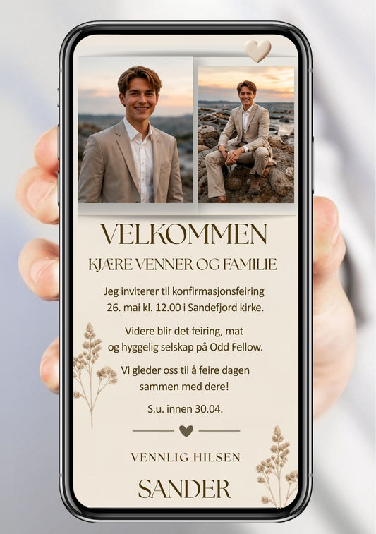 Digital invitasjon til konfirmasjon i beige med to bilder side om side, tørkede blomster og velkomsttekst, vist på mobilskjerm