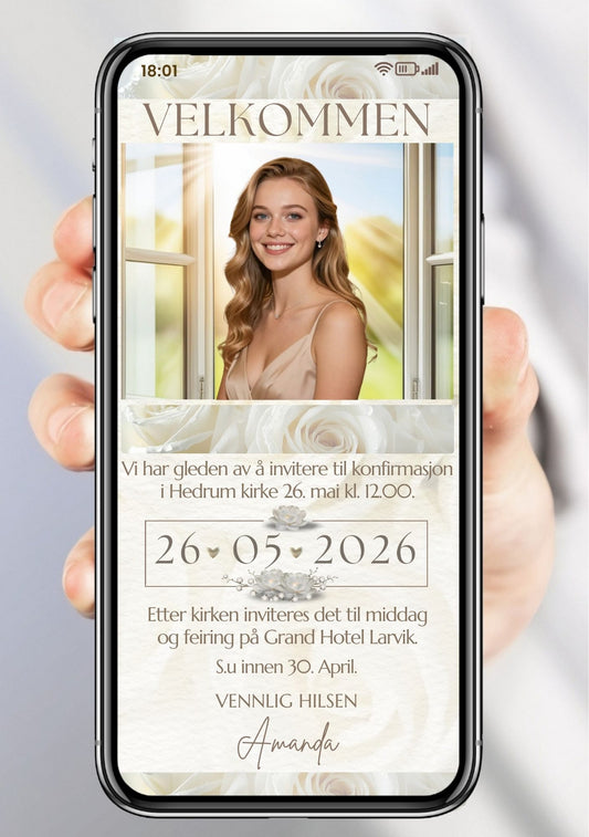 Digital konfirmasjonsinvitasjon med portrettbilde, hvite roser, dato i ramme og håndskrevet signatur