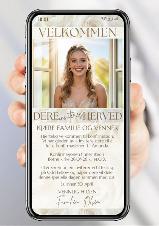 Digital konfirmasjonsinvitasjon med portrettbilde, hvite roser og full invitasjonstekst på kremfarget bakgrunn