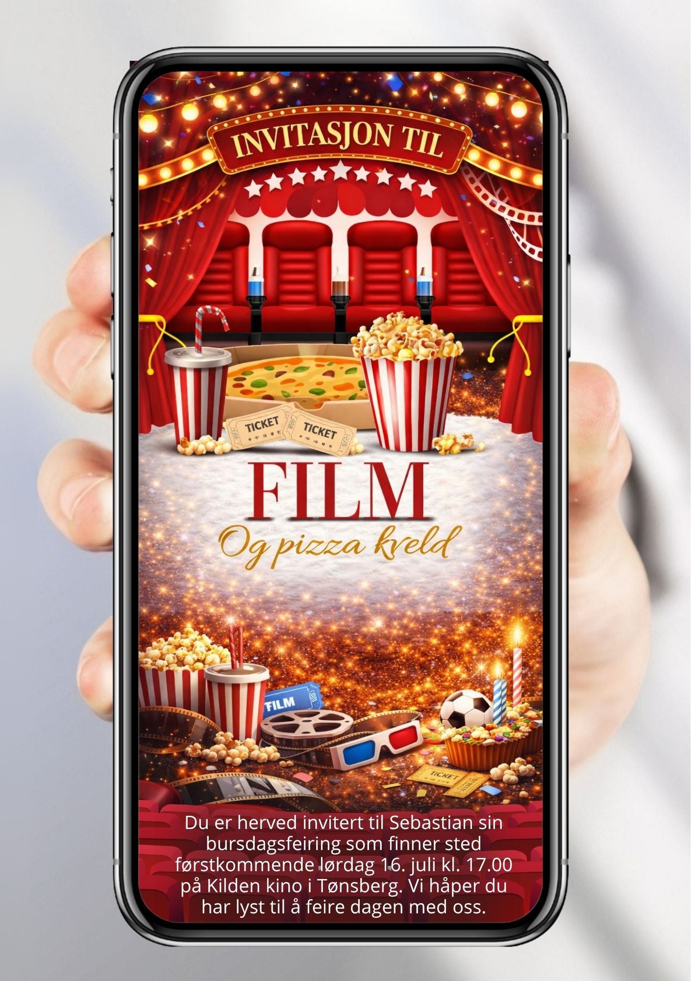 Digital bursdagsinvitasjon med rødt kinotema, popcorn og billetter – fargerik og morsom design klar til deling på mobil 