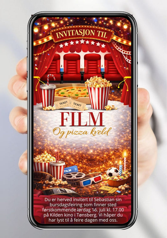 Digital bursdagsinvitasjon med rødt kinotema, popcorn og billetter – fargerik og morsom design klar til deling på mobil 