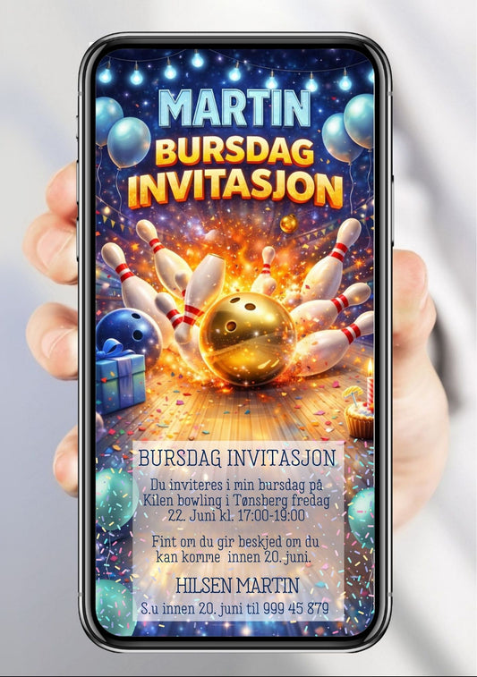 Mobilinvitasjon til bowling bursdag – moderne design for voksne og barn