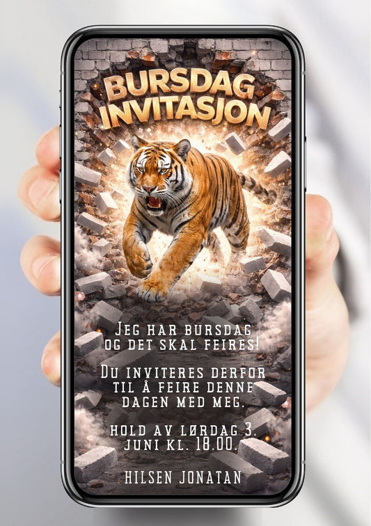 Digital bursdagsinvitasjon med tiger, murstein og gullbokstaver – tøff og dramatisk design klar til deling på mobil