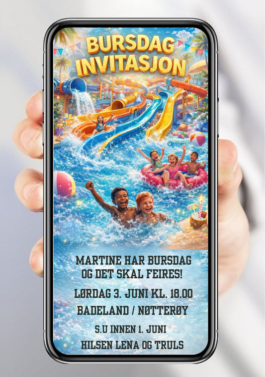 Mobil bursdagsinvitasjon med badelandtema, vannrutsjebaner og jublende barn – vist på mobilskjerm