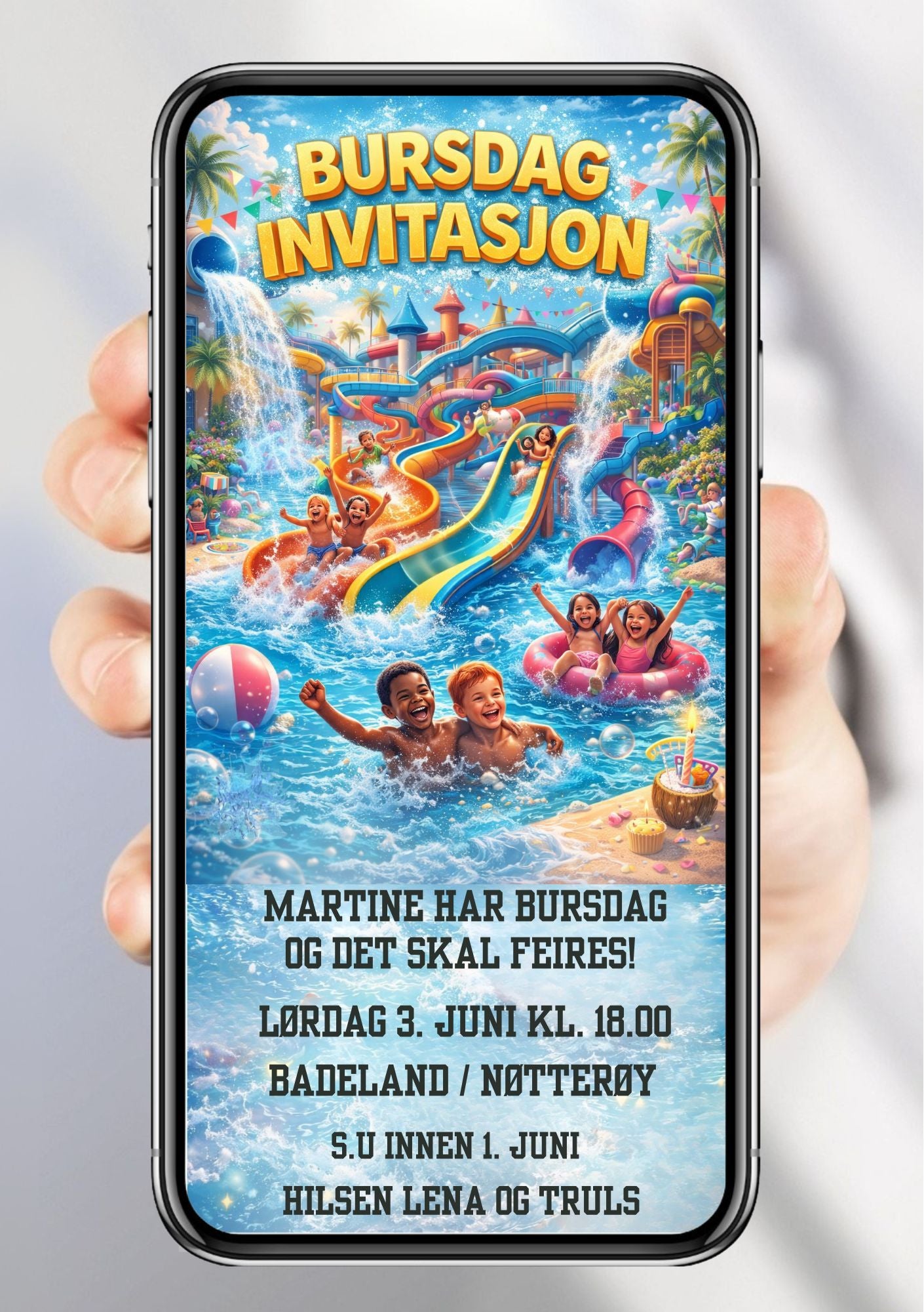 Digital bursdagsinvitasjon med fargerike vannrutsjebaner, barn i basseng og festlig sommerdesign – klar til deling på mobil 
