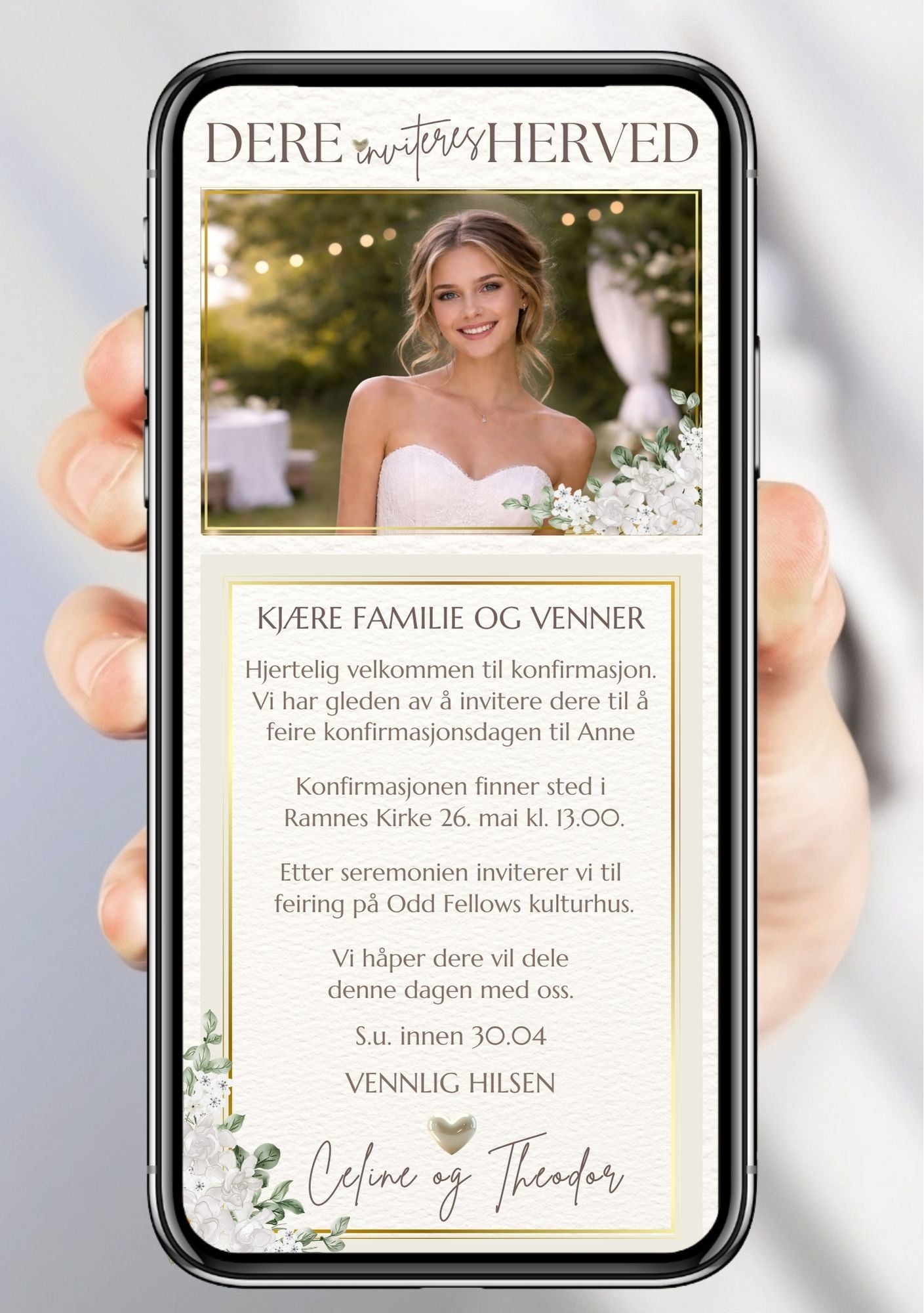 Moderne SMS-invitasjon til konfirmasjon med gullramme, eukalyptus og bilde av ung kvinne – vist på mobilskjerm