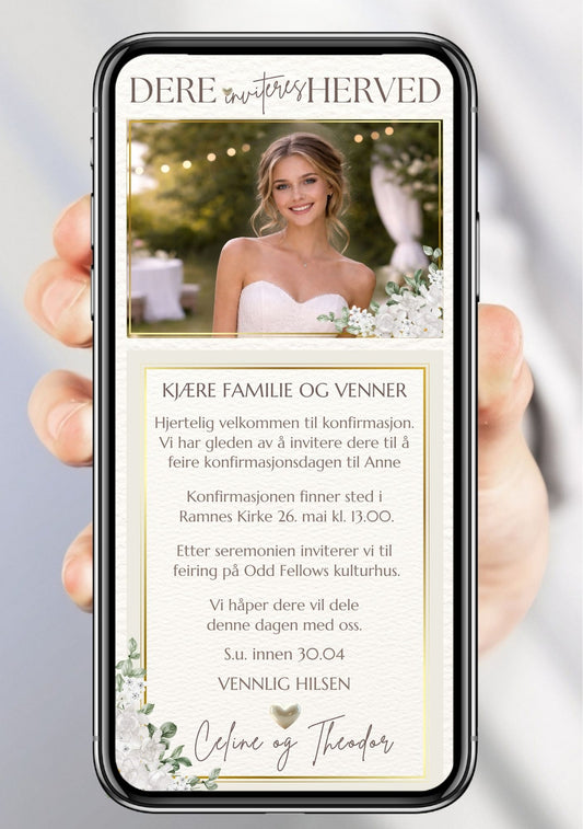 Moderne SMS-invitasjon til konfirmasjon med gullramme, eukalyptus og bilde av ung kvinne – vist på mobilskjerm
