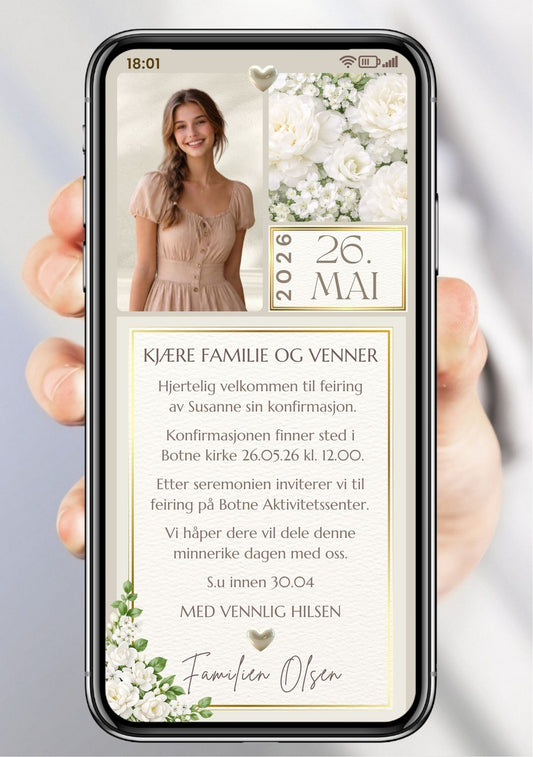 Eksklusiv mobil konfirmasjonsinvitasjon med hvite roser, gullhjerte og bilde av ung kvinne – vist på mobilskjerm
