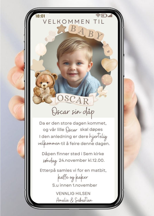 Dåpsinvitasjon beige med bamse ramme - personlig design med ferdig tekstforslag - KISS DEKOR