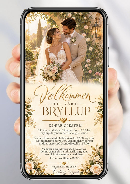 Digital bryllupsinvitasjon vist på mobil med bilde av et brudepar, kremfargede roser, grønne blader og gyllen skrift på lys bakgrunn. 
