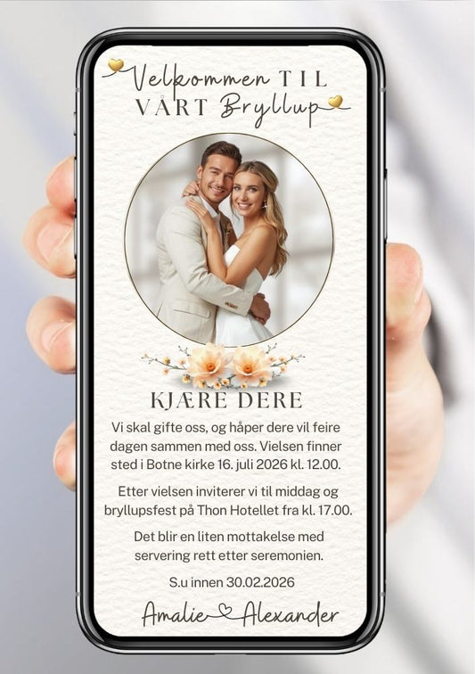 Bryllupsinvitasjon hvit med bilde romantisk - personlig design med ferdig tekstforslag - KISS DEKOR