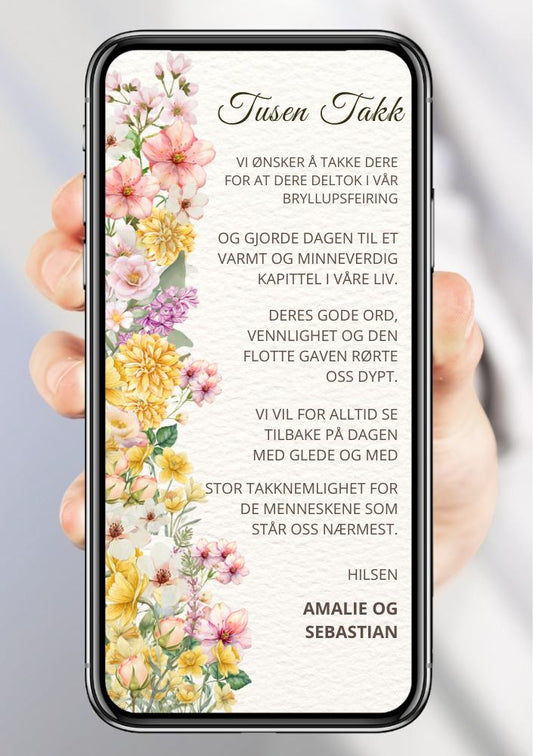 Takkekort bryllup hvit med blomster - personlig design med ferdig tekstforslag - KISS DEKOR