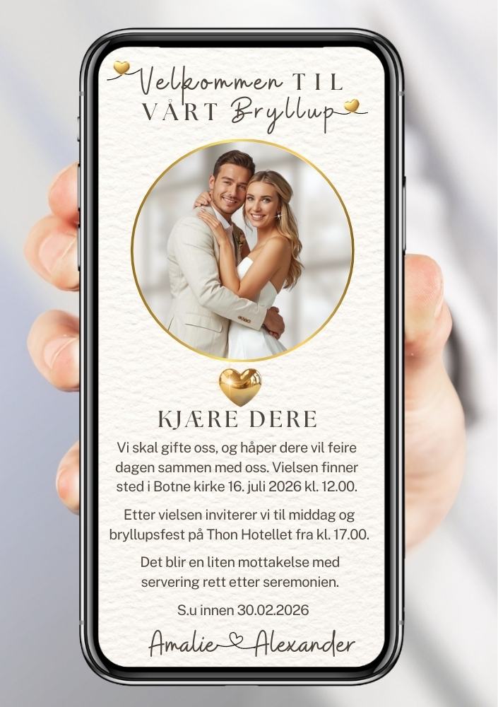 Bryllupsinvitasjon hvit med bilde romantisk - personlig design med ferdig tekstforslag - KISS DEKOR