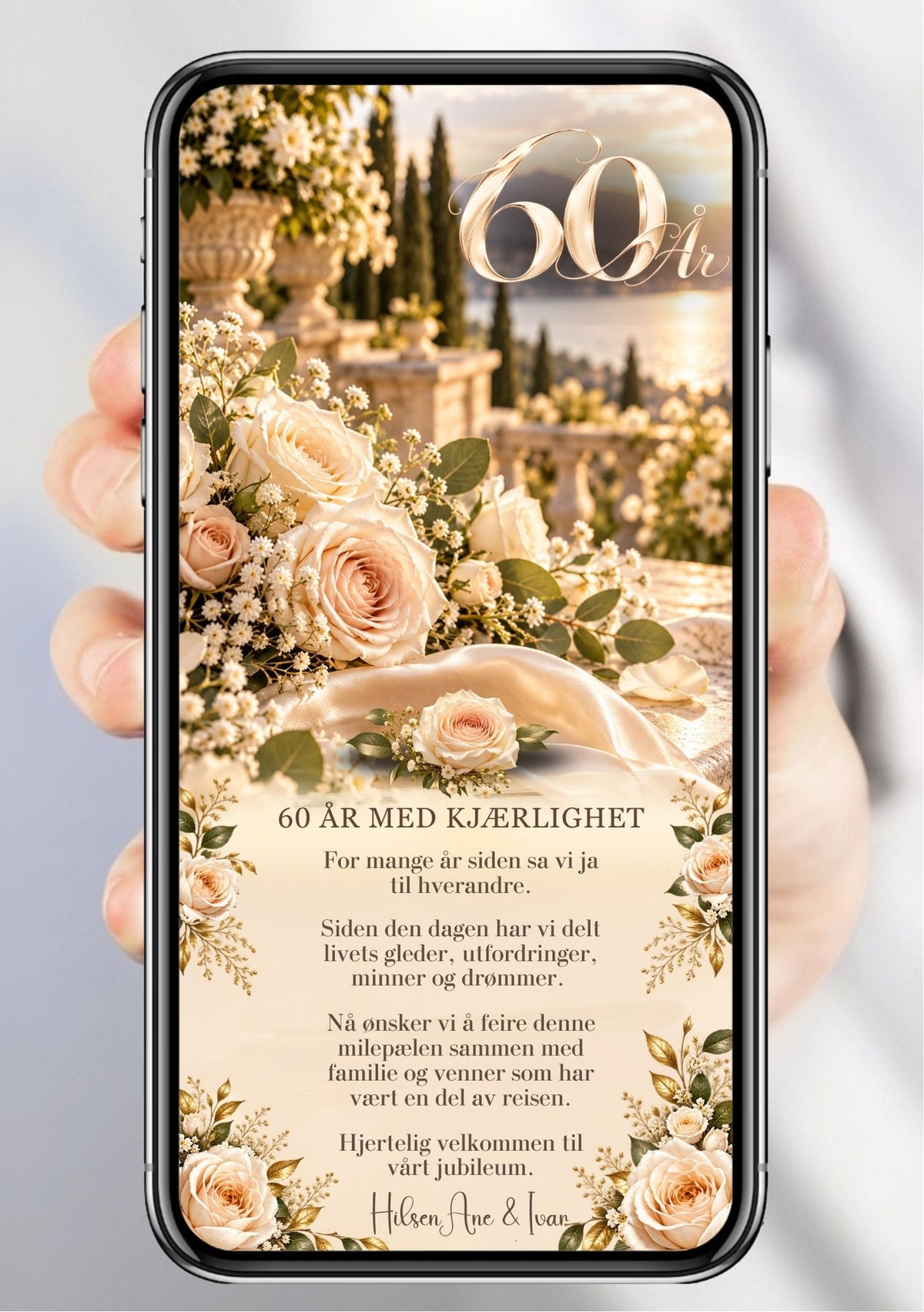 Digital invitasjon til bryllupsjubileum vist på mobil med kremhvite og rosa roser, terrasse med utsikt over vannet og «60 år» øverst.