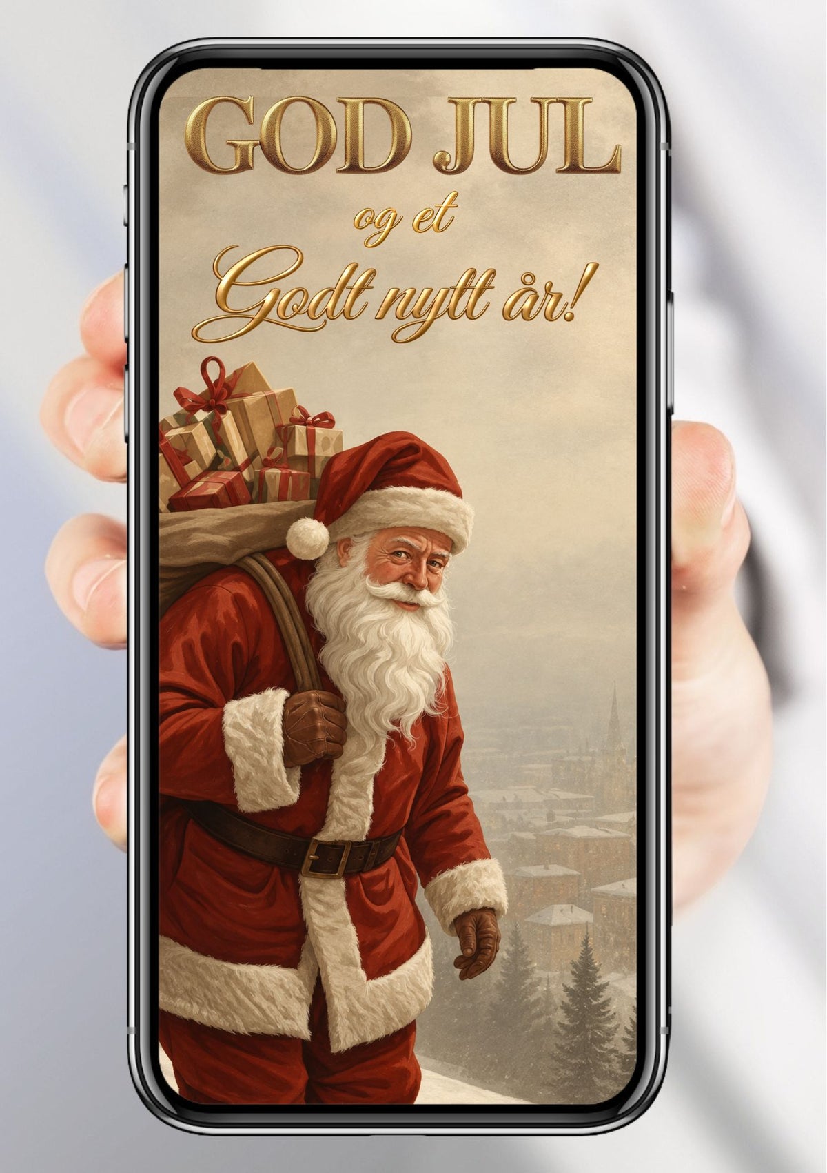 Digitalt julekort vist på mobil med julenisse i rød drakt og gavesekk over skulderen, vinterlandskap i beige og teksten «God jul og et godt nytt år» i gull.