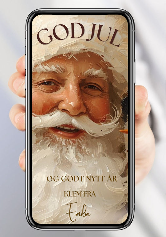 Digitalt julekort vist på mobil med nærbilde av julenissen med hvitt skjegg i varme beige toner, teksten «God jul og godt nytt år» og personlig navn.