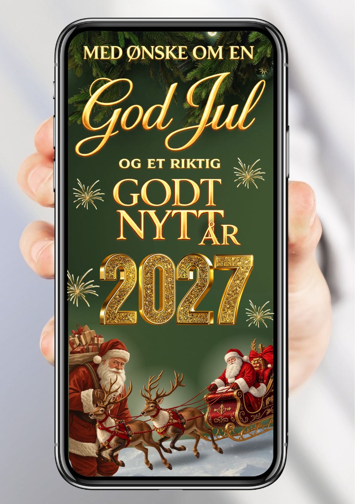 Digitalt julekort vist på mobil med julenisse med gavesekk og julenisse i slede med reinsdyr, gulltallet 2027 og jule- og nyttårshilsen på grønn bakgrunn.