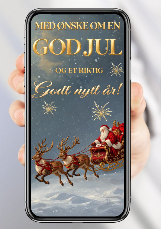 Digitalt julekort vist på mobil med julenissen i rød slede trukket av reinsdyr over snøen, gullstjerner og jule- og nyttårshilsen på blågrå bakgrunn.