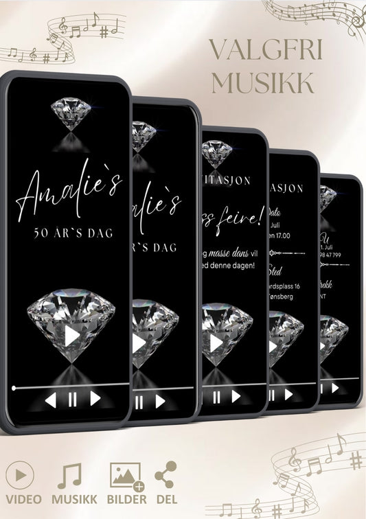 Bursdagsvideo invitasjon moderne diamant med musikk - personlig design med ferdig tekstforslag - KISS DEKOR