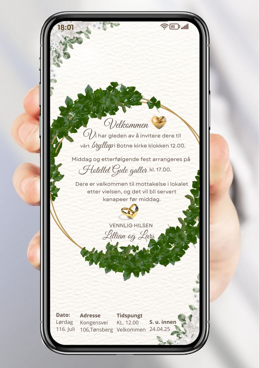 Bryllupsinvitasjon blomsterkrans elegant- personlig design med ferdig tekstforslag - KISS DEKOR