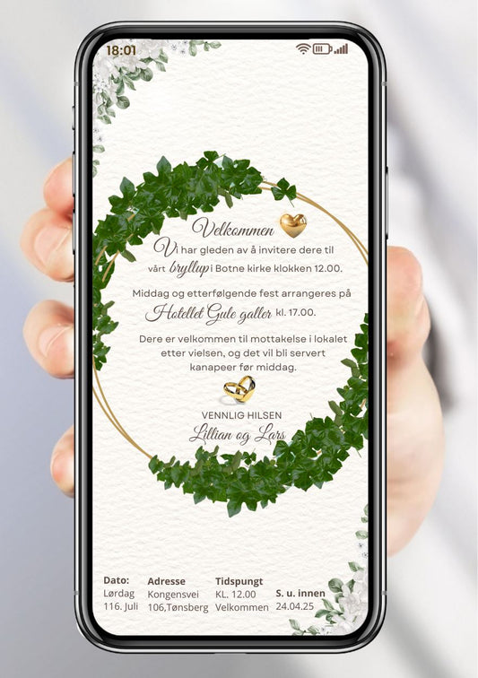 Bryllupsinvitasjon blomsterkrans elegant- personlig design med ferdig tekstforslag - KISS DEKOR