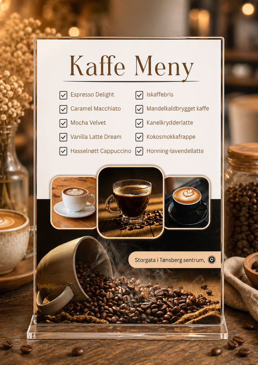 Kaffe meny i akrylramme på trebord med blomster og kaffebønner – design med ti kaffedrikker: Espresso Delight, Caramel Macchiato, Mocha Velvet, Vanilla Latte Dream, Hasselnøtt Cappuccino, Iskaffebris, Mandelkaldbrygget kaffe, Kanelkrydderlatte, Kokosmokkafrappe og Honning-lavendellatte, med tre bilder av kaffe og kaffebønner, adresse Storgata i Tønsberg sentrum, i hvit og brun fargepalett 