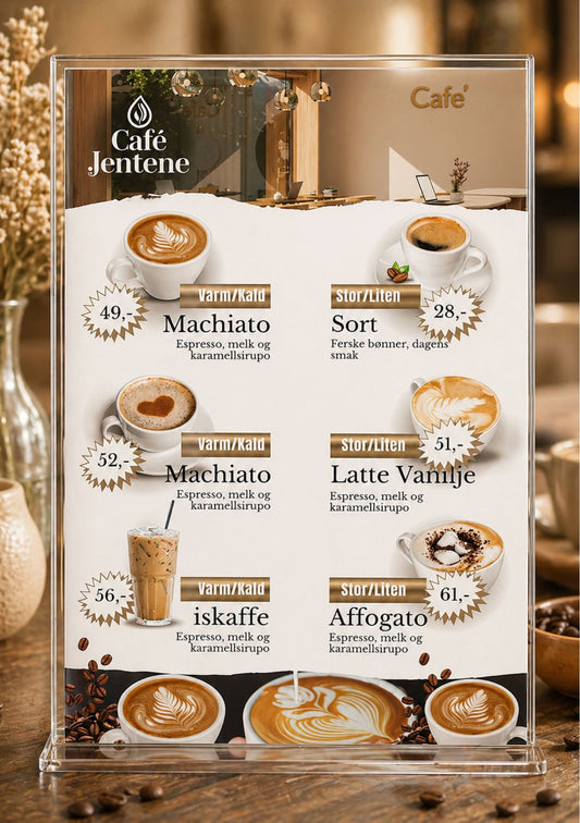 Kafémeny for Café Jentene med hvit bakgrunn og kaffebønner – design med seks kaffedrikker: Machiato kr 49 Varm/Kald, Sort kaffe kr 28 Stor/Liten, Machiato kr 52 Varm/Kald, Latte Vanilje kr 51 Stor/Liten, Iskaffe kr 56 Varm/Kald og Affogato kr 61 Stor/Liten, med Café Jentene-logo og tre kaffebilder nederst, i hvit og brun fargepalett
