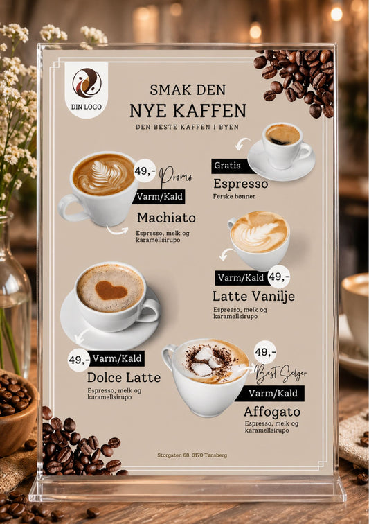 Kafémeny beige bakgrunn og kaffebønner – design med seks kaffedrikker