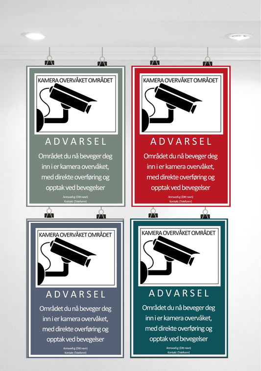 Kameraskilt overvåket område - fire design i forskjellige farger fra KISS DEKOR