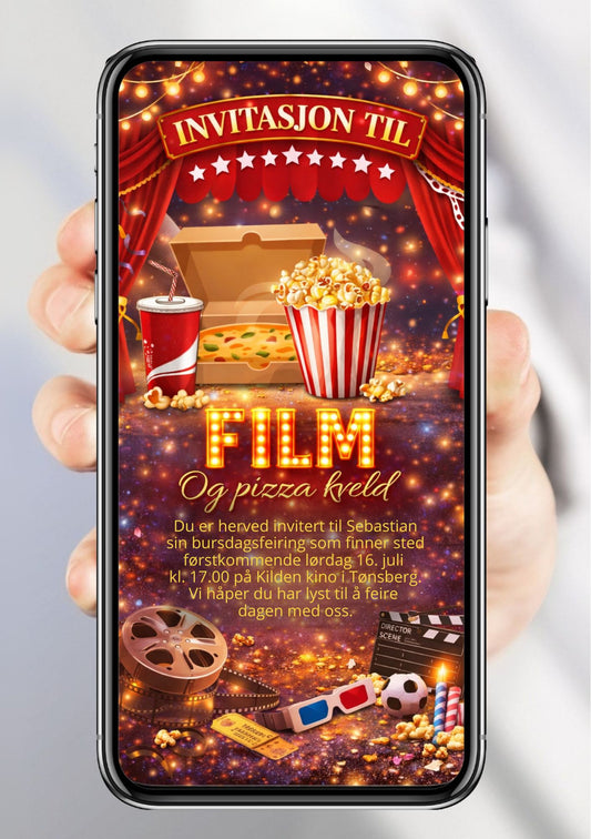 Digital bursdagsinvitasjon med film og pizza-tema – fargerik kinodesign med popcorn og filmrulle vist på mobil fra KISS DEKOR