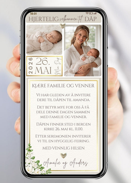 Klassisk beige mobil dåpsinvitasjon med bilde av sovende baby og mor, dato og hvite blomster – vist på mobilskjerm
