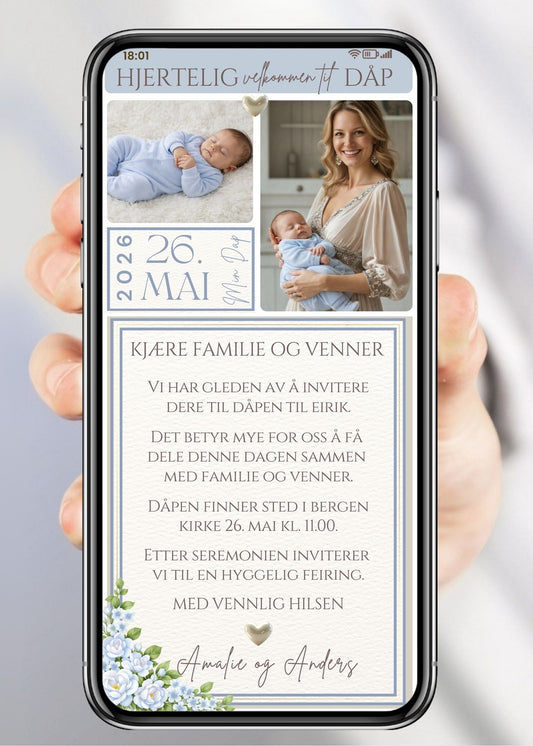 Klassisk blå mobil dåpsinvitasjon med bilde av sovende baby og mor, dato og blå blomster – vist på mobilskjerm