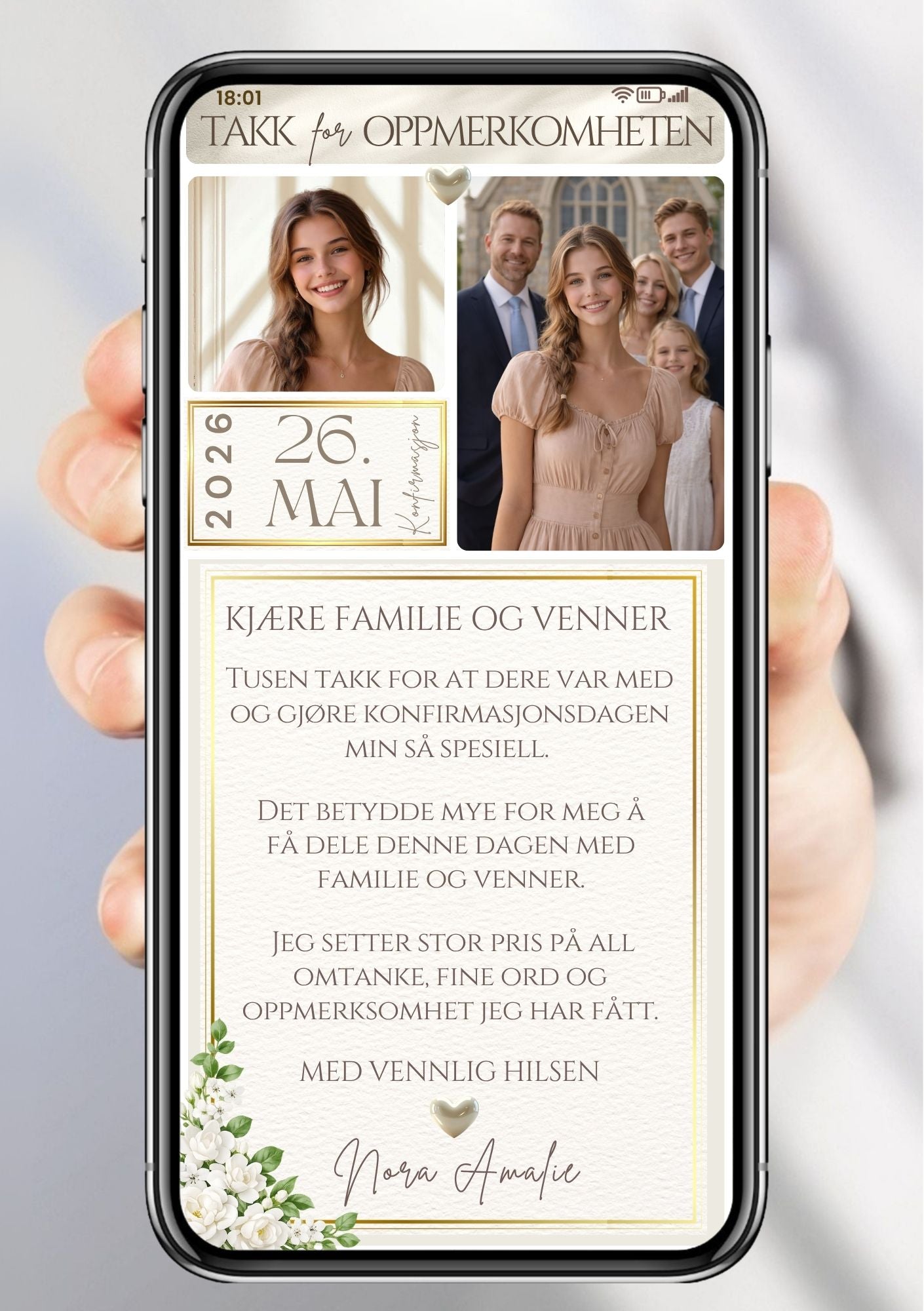 Klassisk mobil takkekort til konfirmasjon med to bilder av ung kvinne, dato og hvite blomster – vist på mobilskjerm