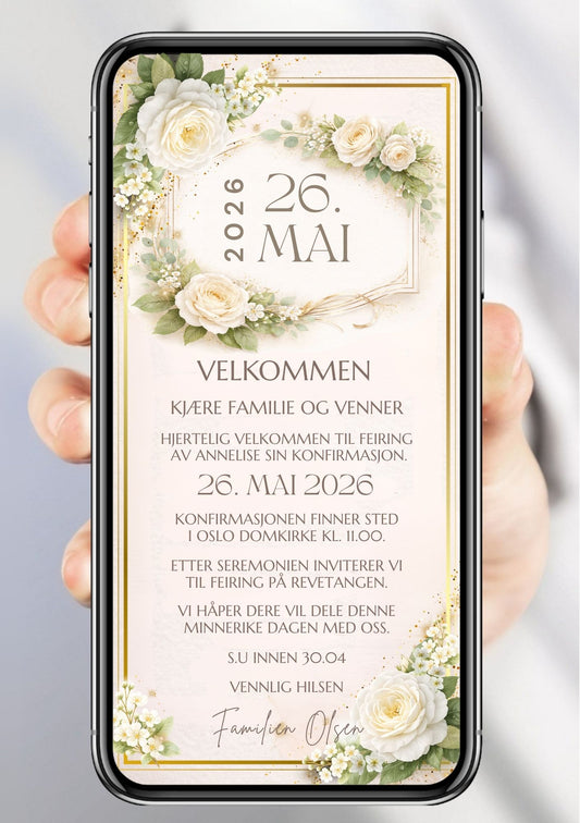 Digital konfirmasjonsinvitasjon fra KISS DEKOR – hvit rose og gullramme-design med teksten "Velkommen til konfirmasjon", dato 26. mai 2026 og familienavn Olsen, vist på mobilskjerm