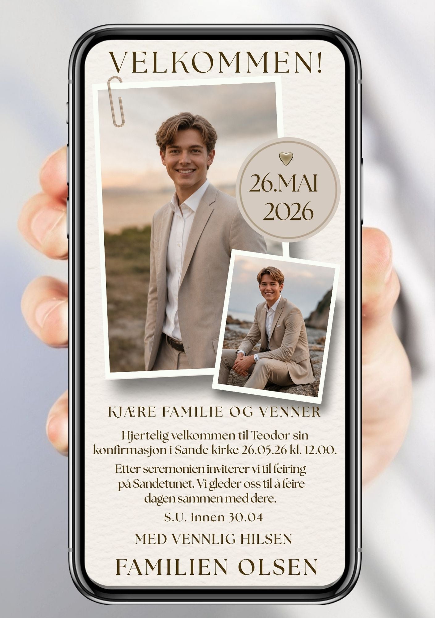 Digital invitasjon til konfirmasjon i beige polaroidstil med to bilder, dato og velkomsttekst, vist på mobilskjerm
