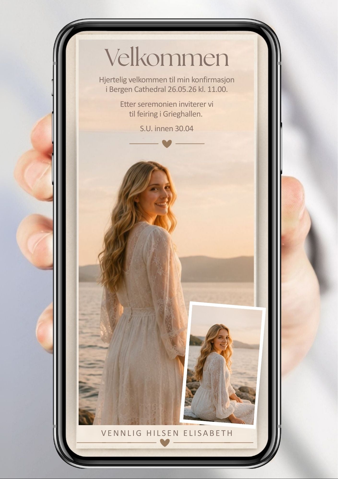 Digital invitasjon til konfirmasjon i beige med stort bilde, polaroiddetalj og elegant velkomsttekst, vist på mobilskjerm