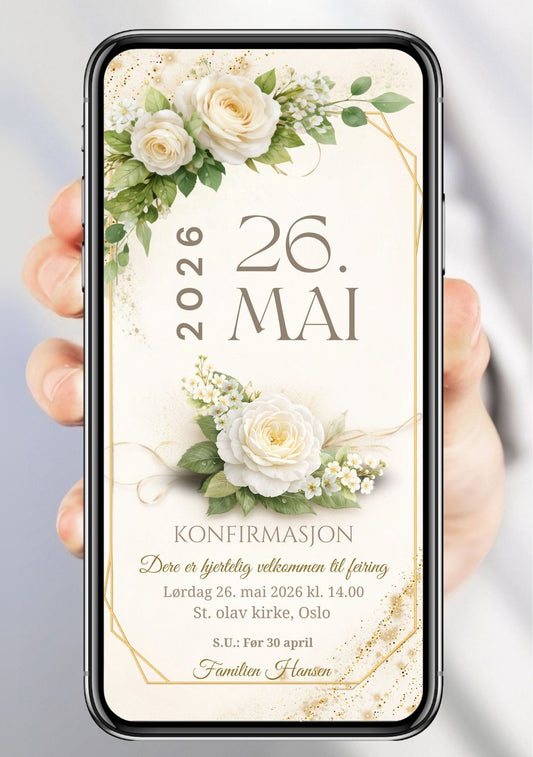 Digital invitasjon til konfirmasjon fra KISS DEKOR – hvit rose og gullramme-design med dato 26. mai 2026, teksten "Dere er hjertelig velkommen til feiring" og familienavn, vist på mobilskjerm