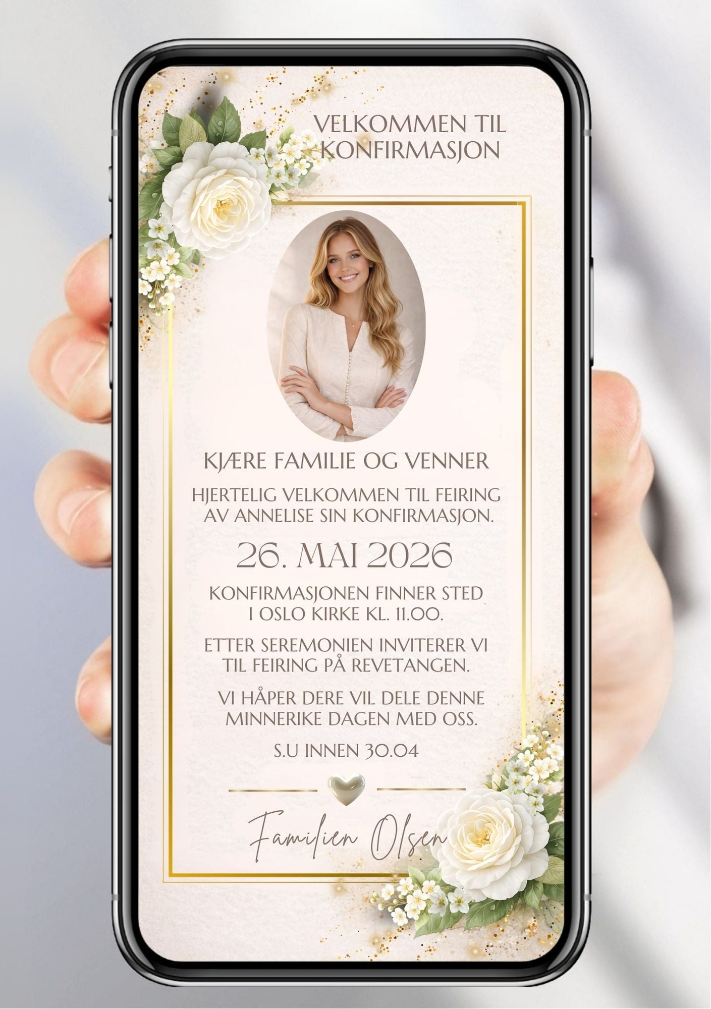 Digital konfirmasjonsinvitasjon med bilde fra KISS DEKOR – beige og gull-design med oval bilderamme, hvite roser og teksten "Velkommen til konfirmasjon", vist på mobilskjerm