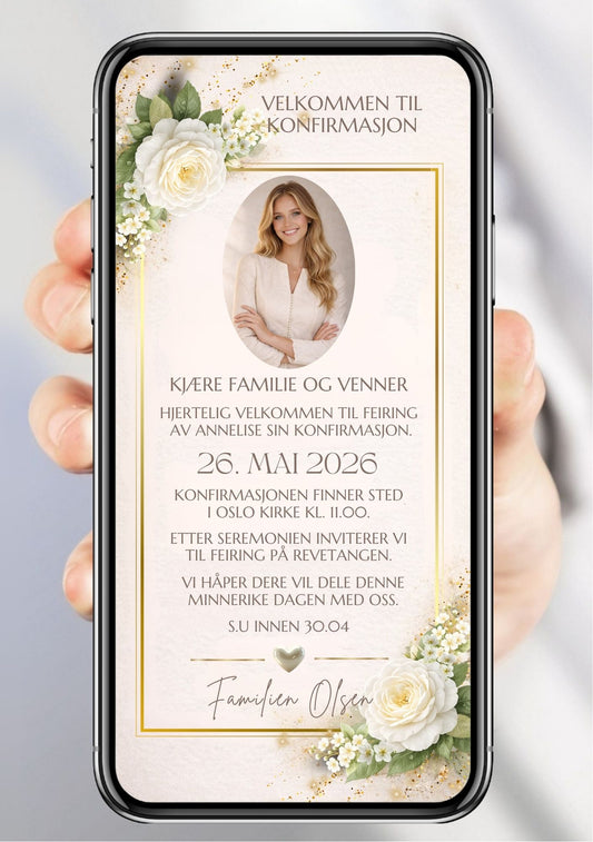 Digital konfirmasjonsinvitasjon med bilde fra KISS DEKOR – beige og gull-design med oval bilderamme, hvite roser og teksten "Velkommen til konfirmasjon", vist på mobilskjerm