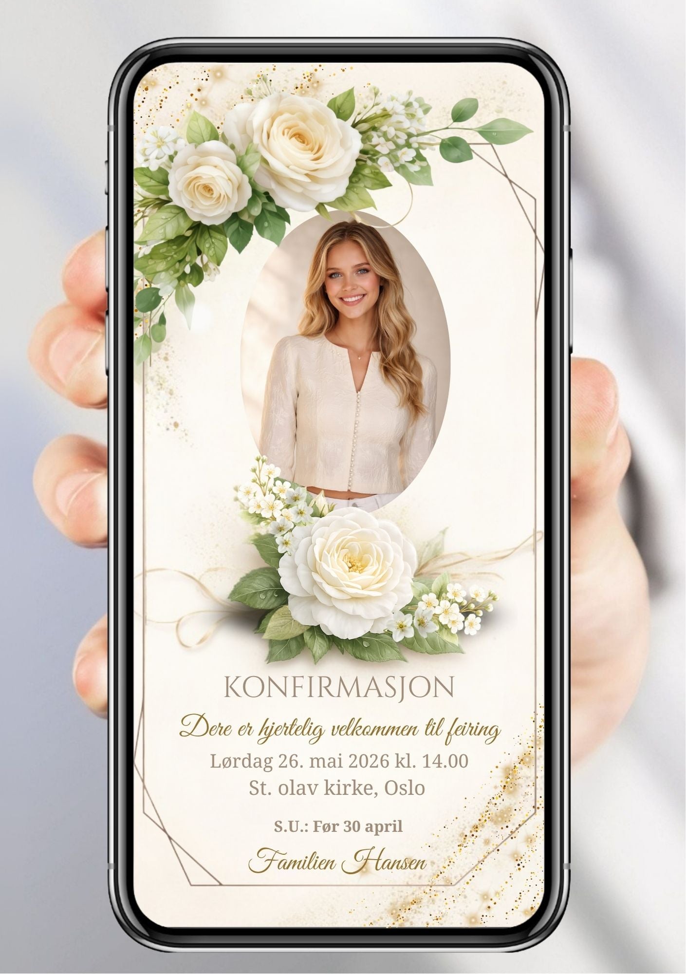 Digital konfirmasjonsinvitasjon med bilde fra KISS DEKOR – hvit rose og gullramme-design med oval bilderamme, dato 26. mai 2026 og familienavn, vist på mobilskjerm