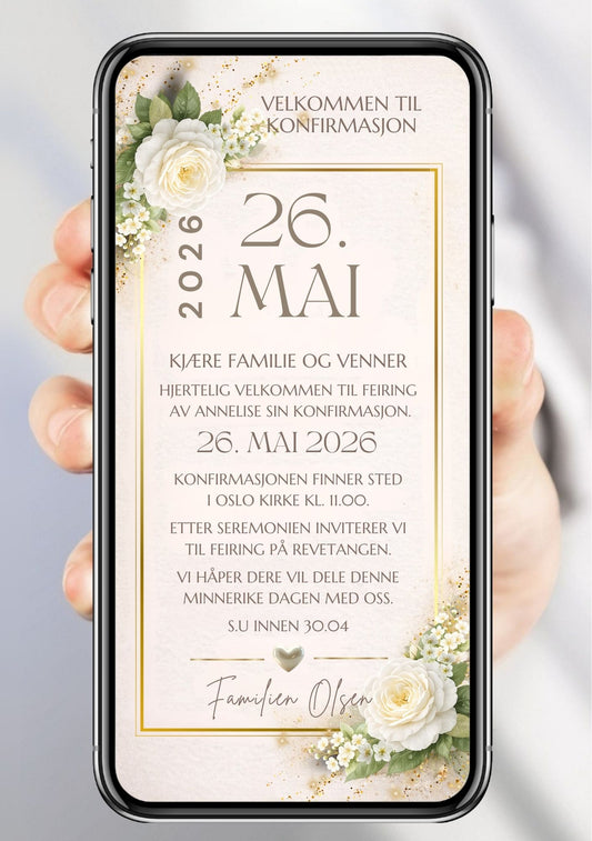 Digital konfirmasjonsinvitasjon fra KISS DEKOR – hvit rose og gullramme-design med teksten "Velkommen til konfirmasjon", dato 26. mai 2026 og familienavn Olsen, vist på mobilskjerm