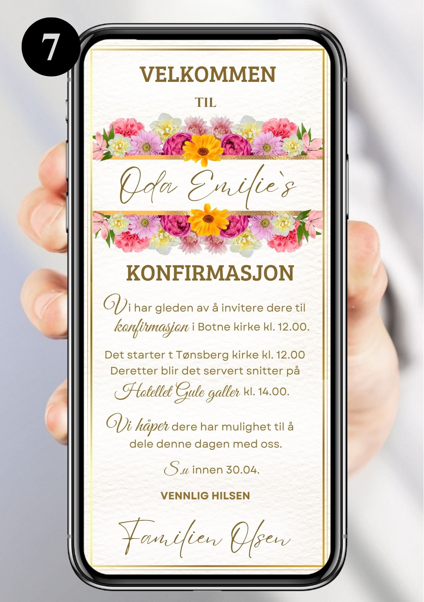 Hvit konfirmasjonsinvitasjon med fargerike blomster, gullramme og håndskrevet skrift på hvit bakgrunn