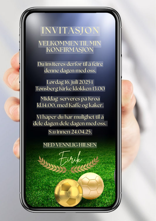 Digital konfirmasjonsinvitasjon med mørk bakgrunn, gullfarget fotball, gressbane og gull laurbærkrans