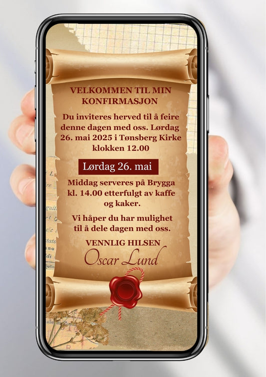 Digital konfirmasjonsinvitasjon med pergamentrull, rødt vokssegl og håndskrevet skrift på beige og mørkerød bakgrunn