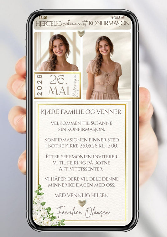 Klassisk mobil konfirmasjonsinvitasjon med to bilder av ung kvinne, dato og gulldetaljer – vist på mobilskjerm