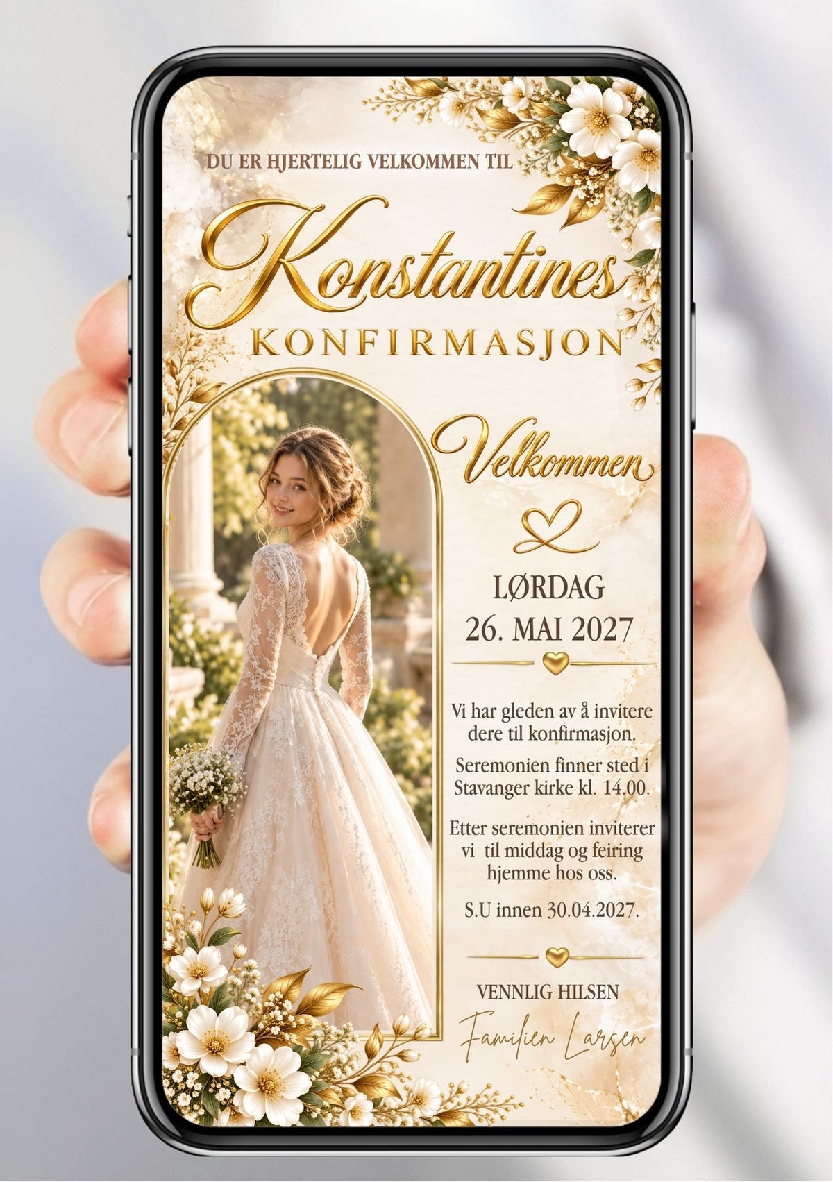 Digital konfirmasjonsinvitasjon på mobil med portrett, hvite blomster og gyldne detaljer. 
