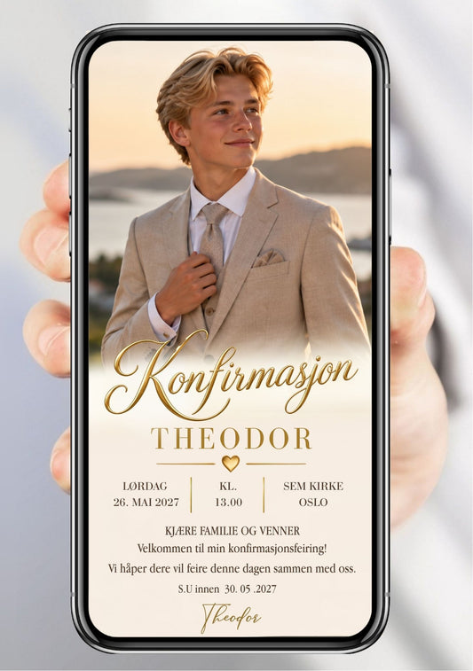 Digital konfirmasjonsinvitasjon vist på mobil med portrett i lys dress og gullskrift. ⠋